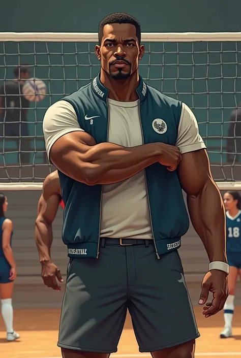 "He is a dark-skinned Black man. His height commands respect, as he is a tall man. At 50 years old, he remains in great physical shape, being a dedicated volleyball coach. His physique is athletic, and he sports a thin mustache.