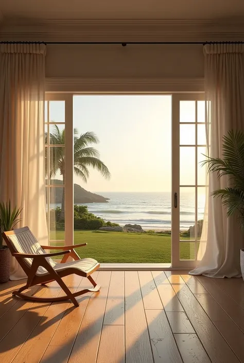 view of the living room in a beach house. large windows, woody floor, white foot wheel, blinds, neoclassical decoration, outside first a lawn, then sand and then the Caribbean Sea and the horizon, in the evening, almost night already.