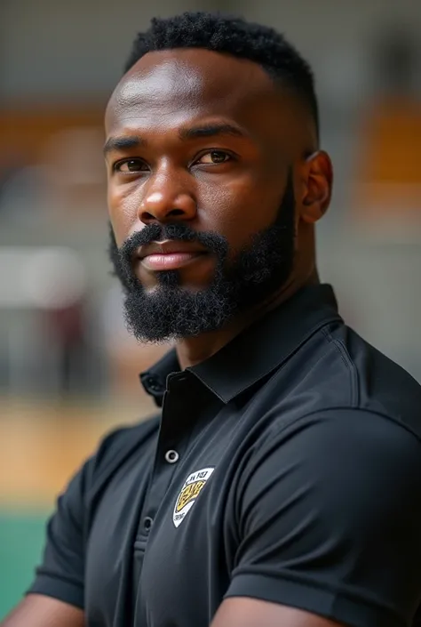 "He is a dark-skinned Black man. His height commands respect, as he is a tall man. At 4, he remains in great physical shape, being a dedicated volleyball coach. and he sports a thin mustache.