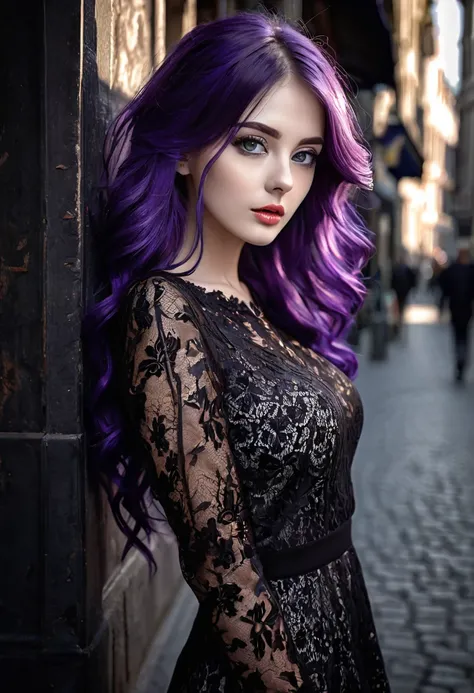 sexy girl, long purple hair,posing on the street of Brussels, very sexy black lace dress,(best quality, 4k, 8k, high resolution, masterpiece: 1.2), ultra-detailed, (realistic, photorealistic, photorealistic: 1.37), details intricate, vivid colors, sharp fo...