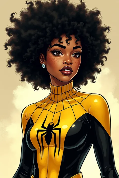 Make me a comic book girl dressed as spiderwoman, Short black afro curly hair with yellowish part below, semi-slanted eyes, semi-wide nose with freckles on parts of his face, face outlined with something round, Very pretty semi-wide lips and white skin, bl...