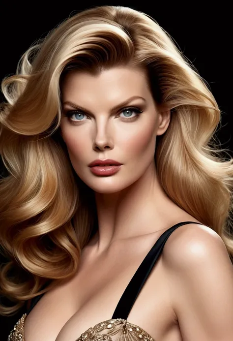 HYBRID FACE BETWEEN LINDA EVANGELISTA AND  CLAUDIA SCHIFFER, AND AMY ADAMS, BUST IMAGE STYLE, STUDIO IMAGE STYLE, DIFFUSED LIGHTS ON FACE, STRONG BACK LIGHTS, CLOSE FACE SHOT, HUGE BLACK LONG HAIR, VERY LIGHTNING BLONDE HAIR, VERY PALE SKY, HIGH CHEEKBONES...