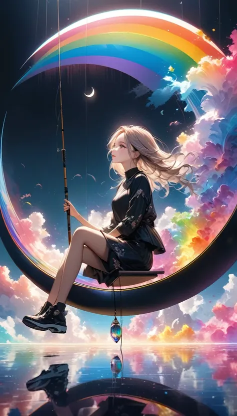 Ultra-realism, Attractive fishing girl sitting on a crescent moon, 1 person, A very thin line hanging straight down from a fishing pole, Aesthetic globe on top, Transparent and beautiful internal lighting, BREAK Attractive expression, Ultra-detailed detail...