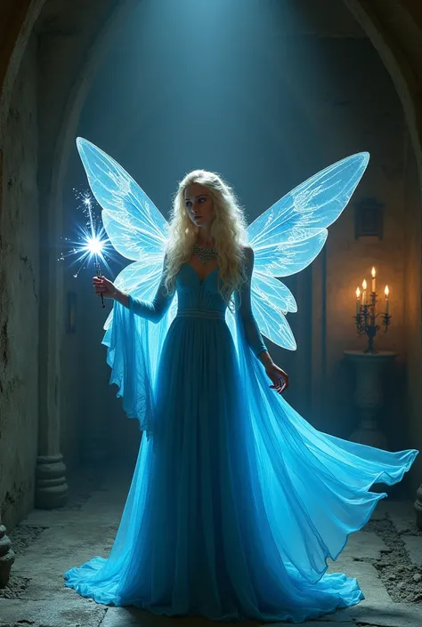 A woman with blonde hair and a blue dress with soft wings, and a wand with a star on the end. In the style of a retro 80s Dark Fantasy movie
In a dark setting of a medieval house 