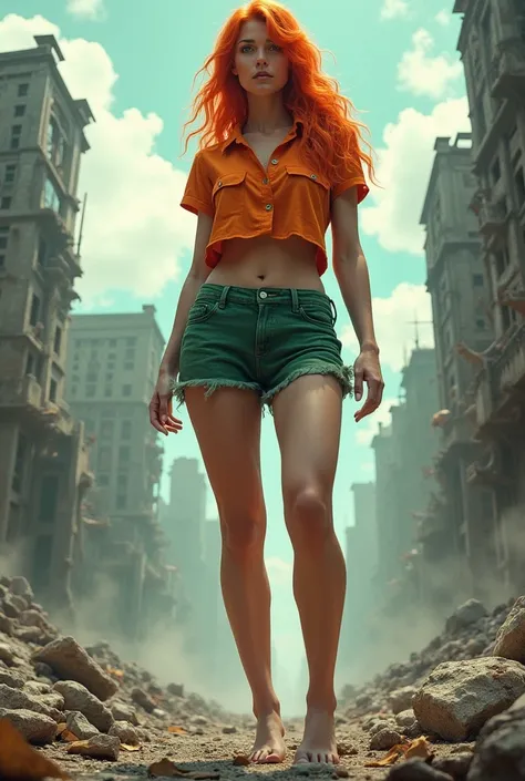 create an image of a giant woman. She has orange hair, short orange shirt with ripped sleeves, short verde, SHE IS BAREFOOT, she is showing her foot and she is in a very destroyed city