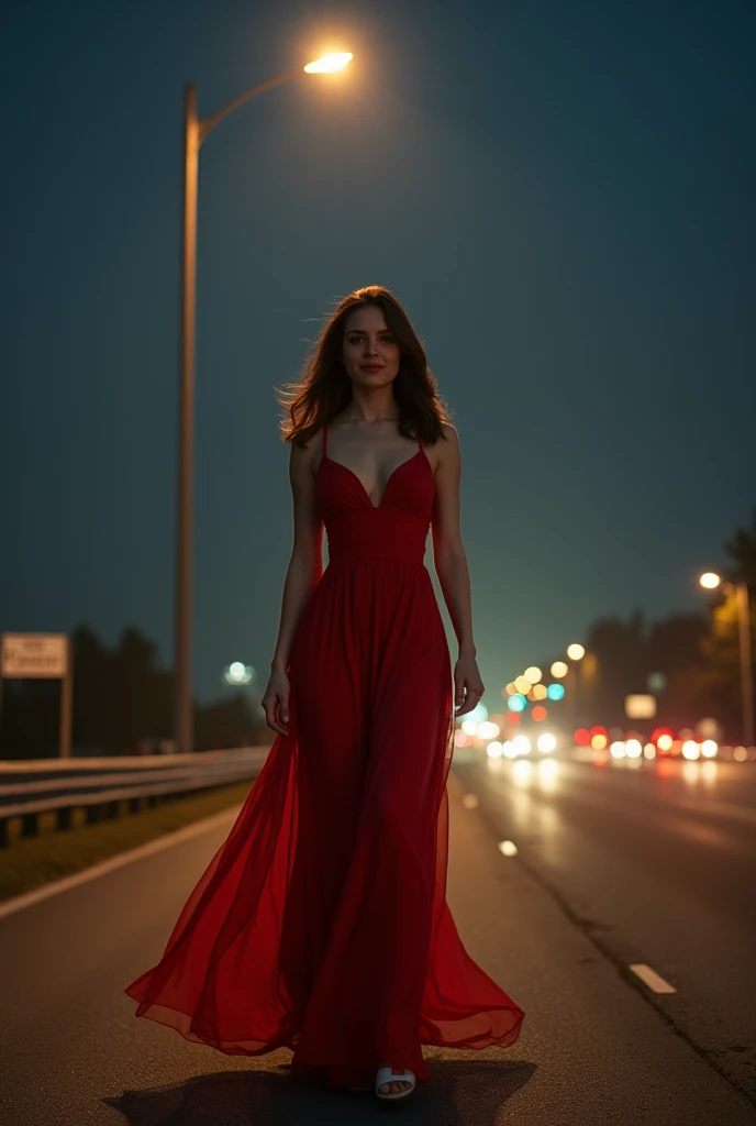 shot at night under a street light next to a highway, cars passing by, A woman wearing a long red dress walking, brunette hair, full shot, wide shot of full body, Olivia Rodrigo, Emma Watson, flawless pale skin ((detailed face)), ((detailed facial features...