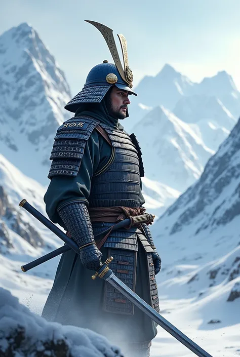 Snowy majestic scenary, Japanese samari wearing a helmet with COS on his helmet