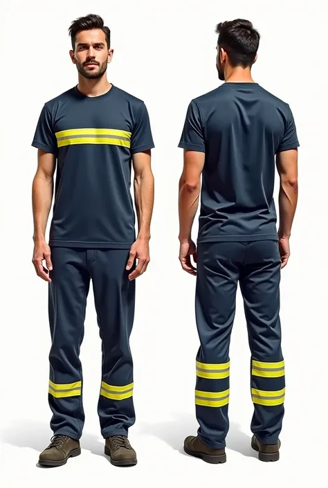 Drawings of a person from the front and back wearing safety clothing, a navy blue t-shirt and navy blue pants with a yellow reflective stripe on the chest horizontally, as well as a stripe on the sleeves of the t-shirt, back, and calves from the back and f...