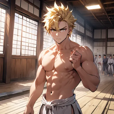 1boy, masculine , blond hair, fighter, shirtless, dojo , looking at the viewer