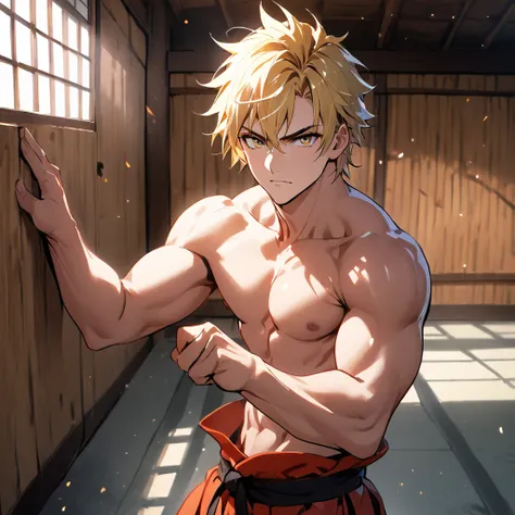 1boy, masculine , blond hair, fighter, shirtless, dojo , looking at the viewer