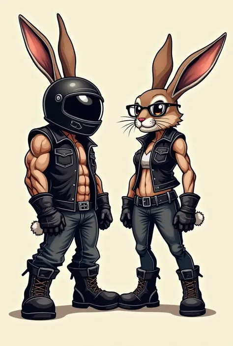 Create a slightly aggressive vector logo with two naked rabbits, One with a motorcycle helmet with his ears sticking out of the helmet, plus a leather vest and boots, the other a female with glasses a leather vest and boots