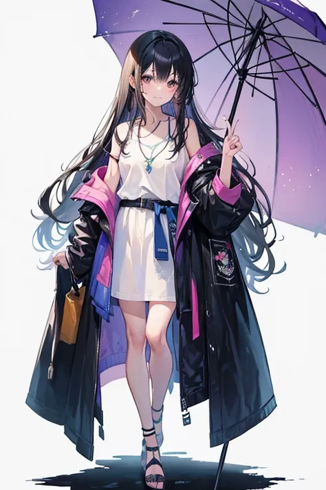 Full body, a woman with freckles, dark brown eyes, and an upturned nose, she is happy, with one peace sign hand, she has long wavy black hair, wearing aviator sunglasses with clear lenses in a soft watercolor style. The girl must be in pink, purple, and bl...