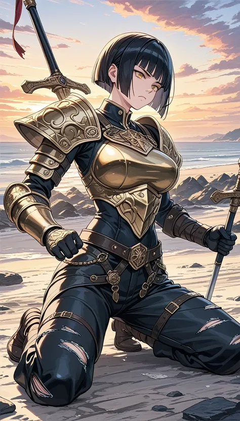 score_9, score_8_up, score_7_up , source_anime, masterpiece, best quality, perfect anatomy , very aesthetic , absurdres, 1girl, a beautiful and stoic female warrior, black Blunt Cut hairstyle, gold eyes, serious expression, toned body, large breasts, weari...