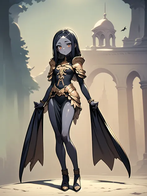 (((masterpiece, best quality, 16k))) Design a layout showcase Gaming character, (1girl). A breathtakingly beautiful young slender female Paladin with long tied, flowing, black hair and intense blue eyes , wearing an ornate godly, white gold armor(extremely...