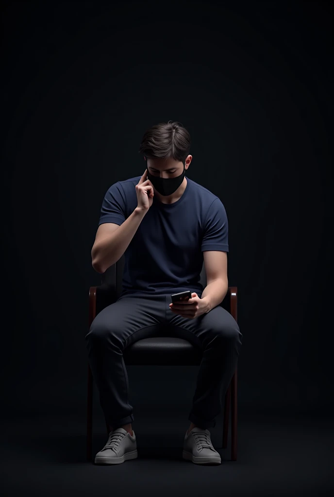 An 2 3d illustration smart boy whose T-shirt is navy blue in color. Face mask black hand with a phone. He is sitting on a chair with sadness. The background will be black with some light coming from behind.