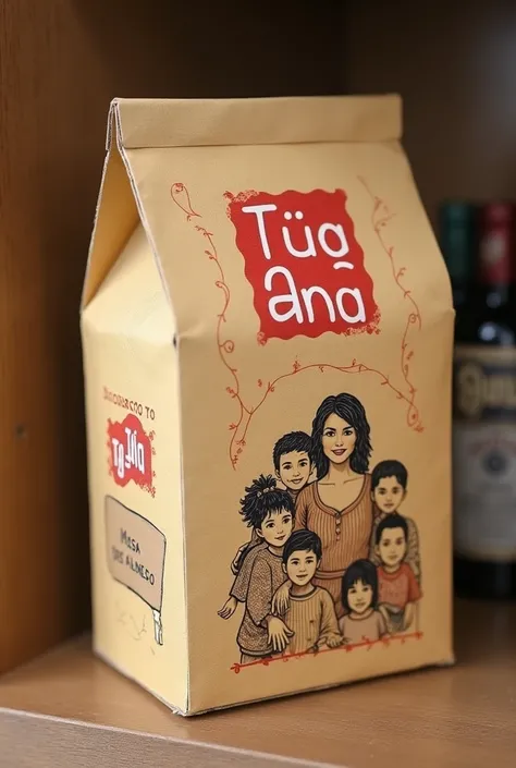 Box with the Atoles Tía Aní logo in red with a drawing of a woman with children, the box is besh colored