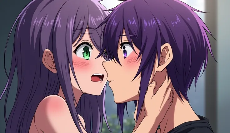 A girl with purple hair and green eyes sucking the penis of a boy with purple hair and purple eyes, while he is ejaculating inside the girl&#39;s mouth and throws all the semen on the girl&#39;s body.