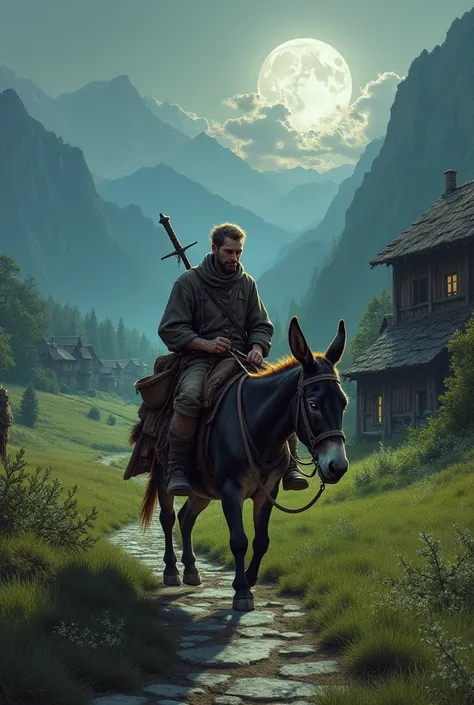 A peasant adventurer, with a leather bag riding his donkey with a simple sword In the style of a retro 80s Dark Fantasy movie In a setting of green fields, mountains in the background, a medieval wooden village, and the moon. Night