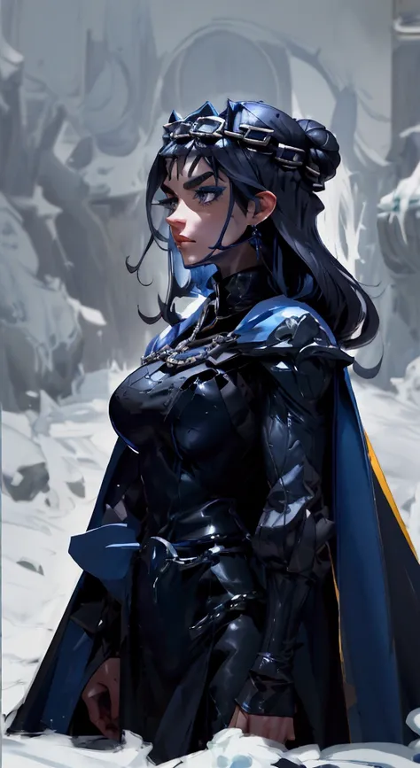 envision a 8k, highres, cinematic, fully body design sheet of a fierce empress Big tall girl named Kronii Ouro with long dark blue hair in a bun, blue eyes, wrapped in chains, wearing a tight black superhero suit with a long flowing blue cape, a black helm...