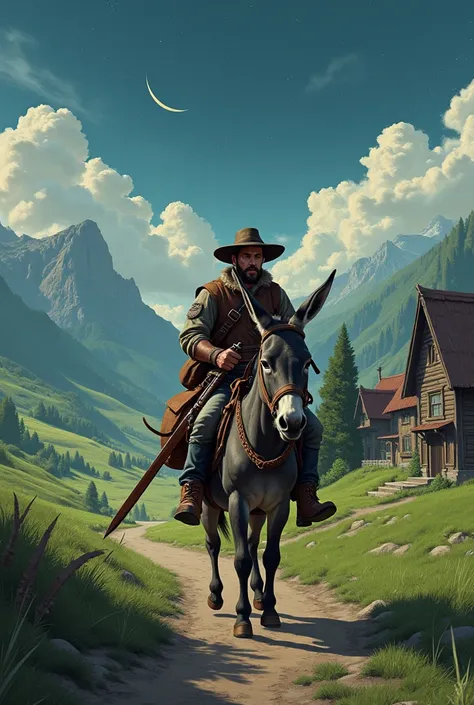 A peasant adventurer, with a leather bag riding his donkey with a simple sword In the style of a retro 80s Dark Fantasy movie In a setting of green fields, mountains in the background, a medieval wooden village, and the moon. starry sky