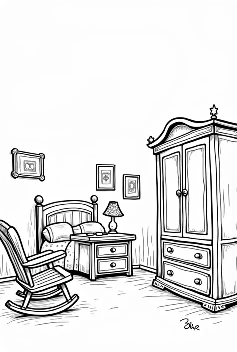 Black and white cartoon drawing without color of a bedroom with all the furniture