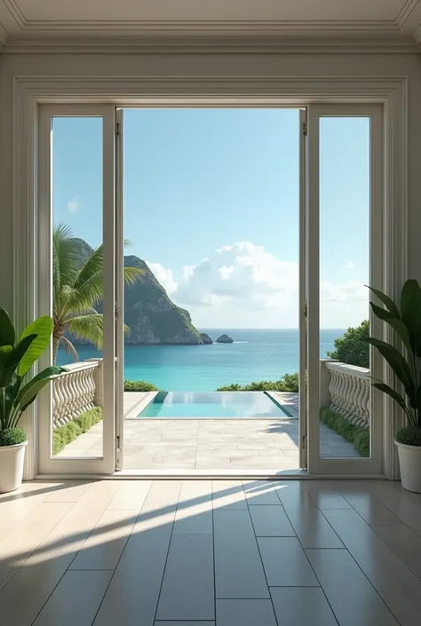 view of the bedroom in a neoclassical style beach house, white and petro. large glass doors only, with lots of external views, light wood floor, blinds, lampshade, neoclassical decoration, outside first a lawn, then sand and then the Caribbean Sea and the ...