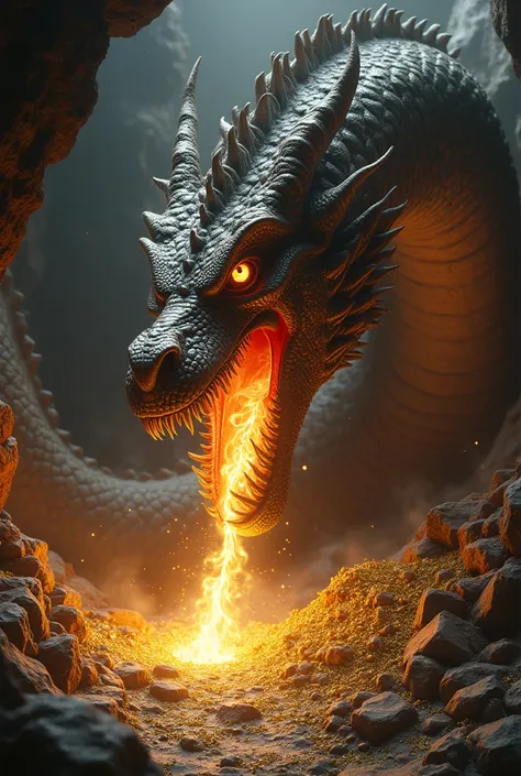 A dramatic image of Smaug waking up furious, with flames coming out of its mouth and an expression of anger or surprise at the realization of the intrusion.