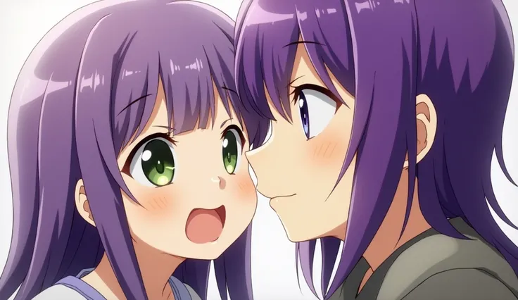 A girl with purple hair and green eyes sucking the penis of a boy with purple hair and purple eyes.