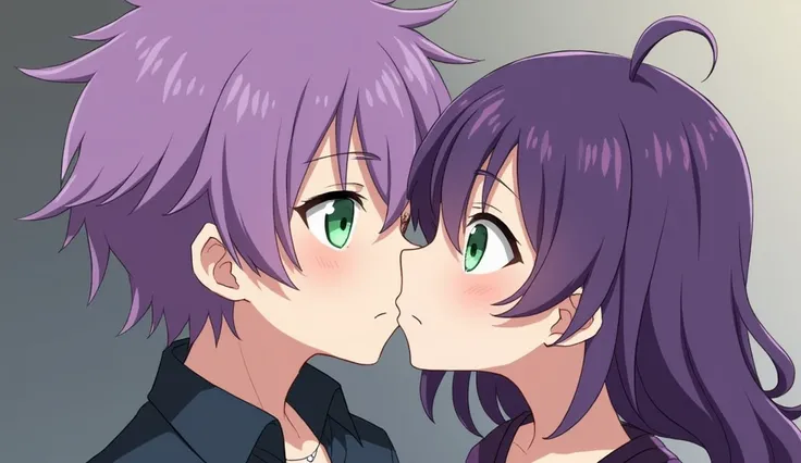 A girl with purple hair and green eyes sucking the penis of a boy with purple hair and purple eyes.