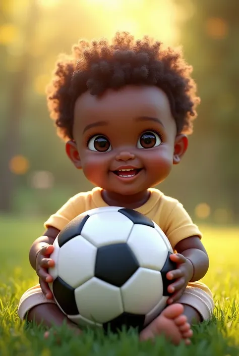 A black baby holding a soccer ball 