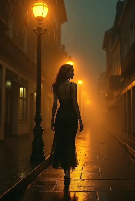 
(photorealism:1.2), beautiful woman walking doqn a street woth only one lamp pole to guide her, ark rainy night warm colors, by Greg Rutkowski, by Alphonse Mucha