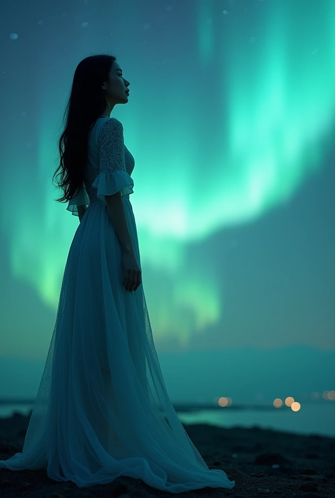 8k Beautiful Asian woman wearing a long drees, watching the night sky in the distance, with northern lights