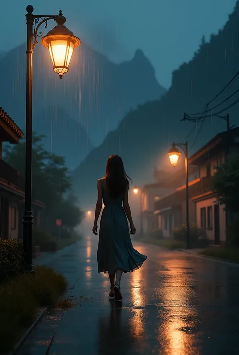 
(photorealism:1.2), beautiful woman walking doqn a street woth only one lamp pole to guide her, ark rainy night warm colors, with more rain effects and mountains all around