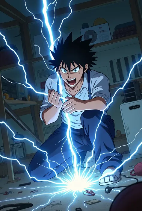 Make a drawing of the character of Tanjiro from the anime Demon Slayers ,in which he is electrocuted because of a cable that is lying on the floor of an air conditioning repair workshop
