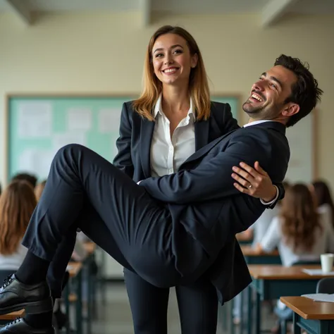 A stunning young woman lifting and carrying a man in her strong arms. She confidently stands in a classroom setting with a coy smile on her face as she shows off her strength. She is wearing a sexy private school uniform. The man is older and dressed in bu...