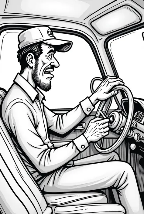 Black and white cartoon drawing without color taxi driver and passenger L