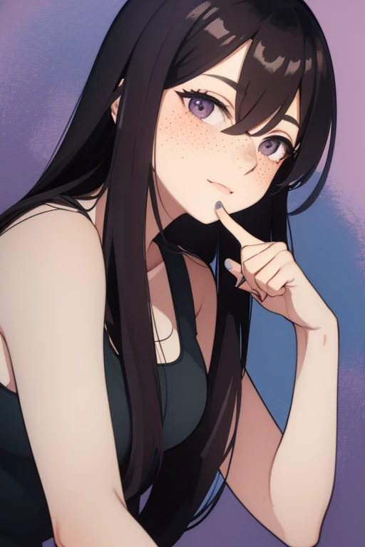 Full body, a woman with freckles, dark brown eyes, and an upturned nose, she is happy, with one peace sign hand, she has long wavy black hair, wearing aviator sunglasses with clear lenses in a soft watercolor style. The girl must be in pink, purple, and bl...