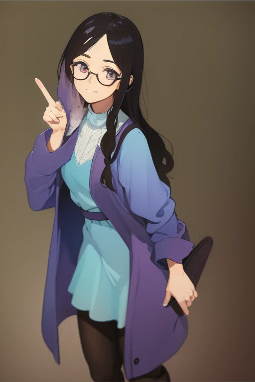 Full body, a woman with freckles, dark brown eyes, and an upturned nose, she is happy, with one peace sign hand, she has long wavy black hair, wearing aviator sunglasses with clear lenses in a soft watercolor style. The girl must be in pink, purple, and bl...