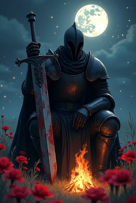 A knight in black medieval armor, the knight also wears a medieval helmet which covers his entire face., He is tall and is sitting next to his huge sword stuck in the ground, his sword and the knight are both very dirty with blood in a field of red flowers...