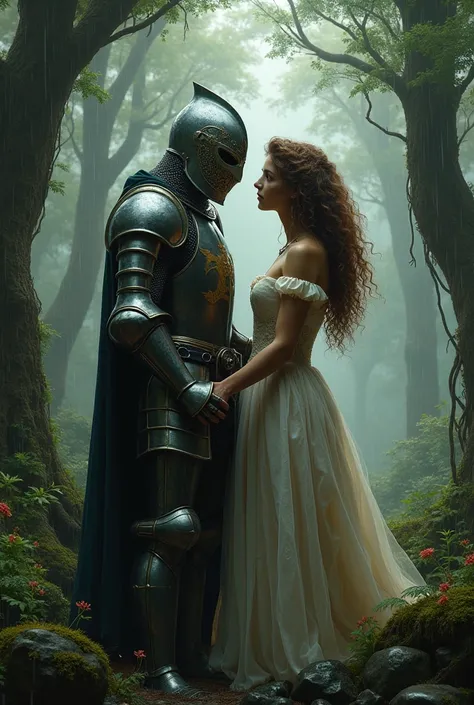 Medieval knight in mask with curly haired princess in raining forest 