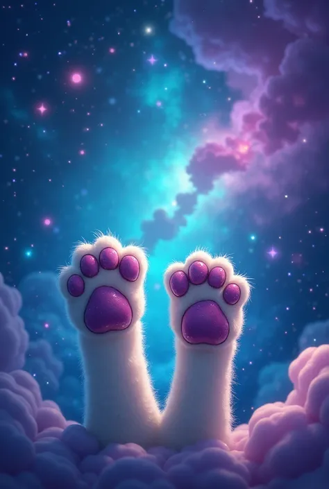 create cat paws at the end of the page, cute paws, in turquoise and purple colors, galaxy background