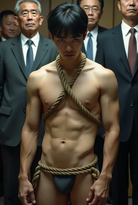 1boy、Handsome Men、Japanese male, 、Completely naked、Full nudity、erection、Huge penis、Highest quality、Realistic、beautiful、Sad look、 ((((Completely tied up with rope)))), ((((A very tight rope is crisscrossed over the chest)))),(((Body bound with tight rope)))...