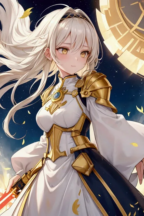 She has short, not very long, platinum blonde hair., with locks that frame her face, and golden eyes that shine with a warm and encouraging light. He wears light armor in shades of gold and white., which symbolizes purity and hope. His main weapon is a lig...