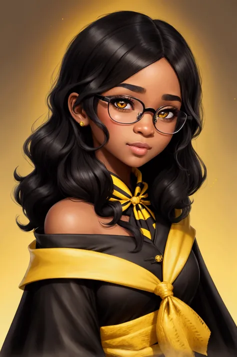 Chibi style illustration, black female, dark curly shoulder length hair, Oval face, dark drooping eyes, black cat eye glasses, small-nose, fleshy lips, She is dressed in a beautiful Hufflepuff outfit., including a black cape with yellow details and a yello...