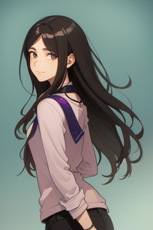 Full body, a woman with freckles, dark brown eyes, and an upturned nose, she is happy, with one peace sign hand, she has long wavy black hair, wearing aviator sunglasses with clear lenses in a soft watercolor style. The girl must be in pink, purple, and bl...