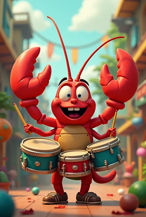 Generate an image, must have a cartoon lobster, drums, whistles and at the top you must say the following phrase in Spanish "Lobster Recreation" as it is written without accents and both words begin with a capital letter 