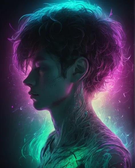 Ultra detailed illustration of the silhouette of a young boy, phantasmagorical figure, ((translucent skin:1.5))), (((translucent body:1.5)))), art by Mschiffer, neon lights, light particles, colorful, cmyk colors, backlit, cyberpunk