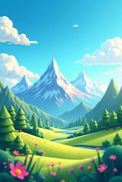 Make a 3d cartoon background. In this background have mountains or trees and cute sky