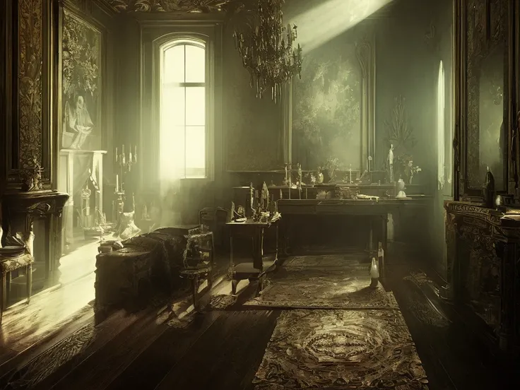 A dark mansion room in victorian style, soft eerie light, insidious movie vibes, high chaos, intricate work by Johan Grenier style, Alyssa Monks style