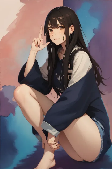 Full body, a woman with freckles, dark brown eyes, and an upturned nose, she is happy, with one peace sign hand, she has long wavy black hair, wearing aviator sunglasses with clear lenses in a soft watercolor style. The girl must be in pink, purple, and bl...